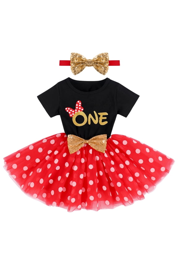 Baby Girl 1st First Birthday Dress One Year Old Party Cake Smash Outfit Polka Dots Tutu Dress with Sequin Bowknot Headband 2pcs Set