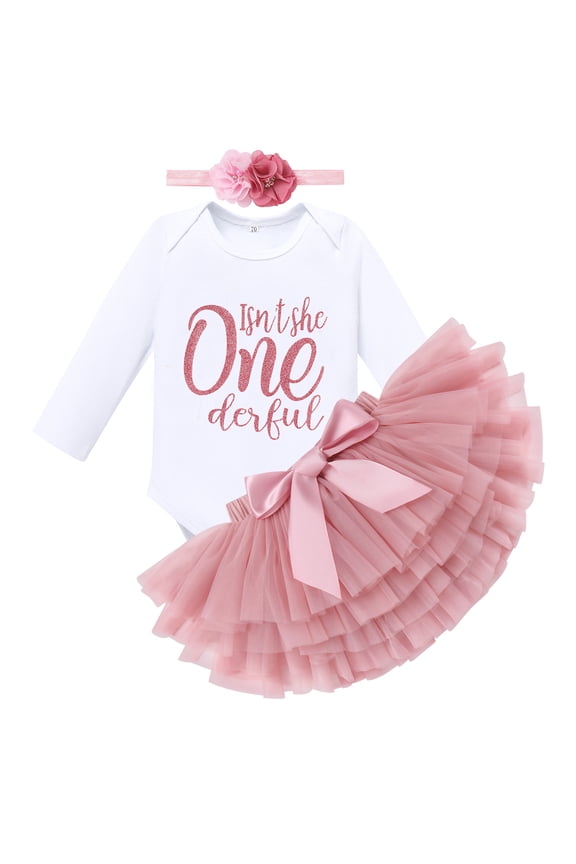 Baby Girl 1st First Birthday Outfit One Years Old Party Cake Smash Isn't She One Derful Long Sleeve Romper Tutu Skirt with Diaper Cover Flower Headband 3pcs Set Fall Winter