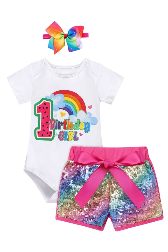 Baby Girl 1st First Birthday Outfit Toddler Rainbow Watermelon One Year Old Party Cake Smash Cotton Short Sleeve Romper Sequin Shorts Bowknot Headband 3pcs Set 1T Hot Pink