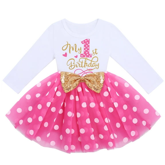 FYMNSI Baby Girl It's My 1st First Birthday Party Dress Cake Smash Outfit Long Sleeve Princess Polka Dots Tulle Bowknot Dress One Year Old Party Clothes Photo Props 1 Year Hot Pink