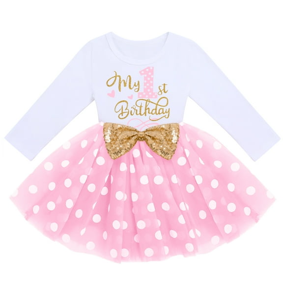 FYMNSI Baby Girl It's My 1st First Birthday Party Dress Cake Smash Outfit Long Sleeve Princess Polka Dots Tulle Bowknot Dress One Year Old Party Clothes Photo Props 1 Year Pink
