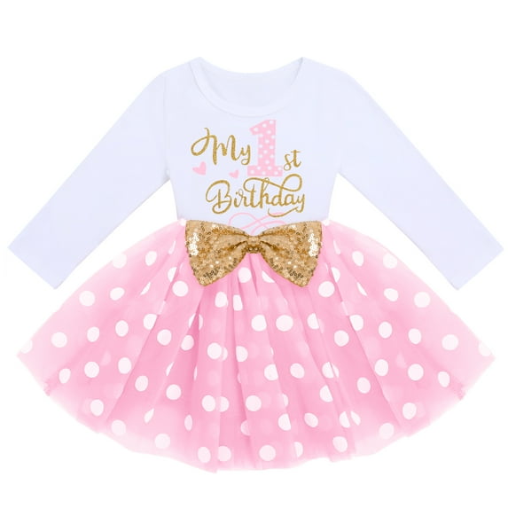 FYMNSI Baby Girl It's My 1st First Birthday Party Dress Cake Smash Outfit Long Sleeve Princess Polka Dots Tulle Bowknot Dress One Year Old Party Clothes Photo Props 1 Year Pink