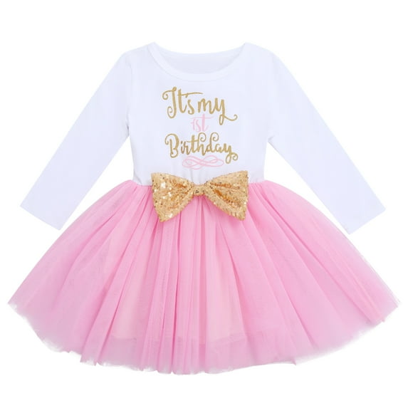 FYMNSI Baby Girl It's My 1st First Birthday Party Dress Cake Smash Outfit Long Sleeve Princess Tutu Tulle Bowknot Dress One Year Old Party Clothes Photo Props 1 Year Pink 1st Birthday