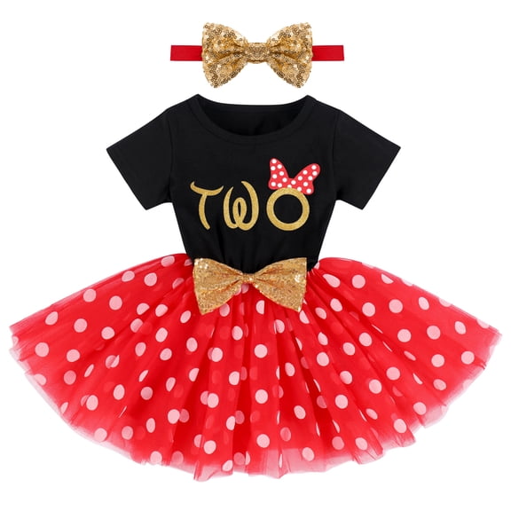FYMNSI Baby Girl 2nd Second Birthday Dress Toddler Kids Two Years Old Party Cake Smash Outfit Polka Dots Tutu Dress with Sequin Bowknot Headband 2pcs Set
