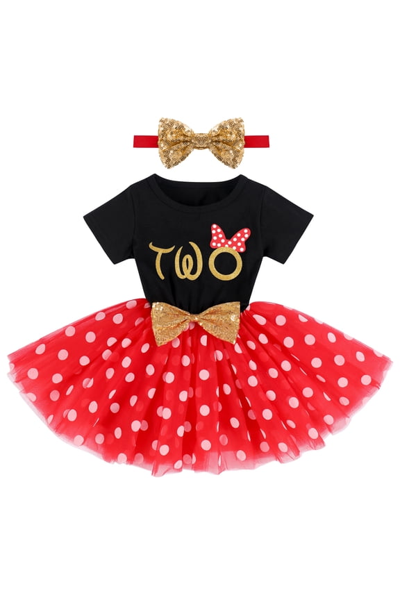 Baby Girl 2nd Second Birthday Dress Toddler Kids Two Years Old Party Cake Smash Outfit Polka Dots Tutu Dress with Sequin Bowknot Headband 2pcs Set