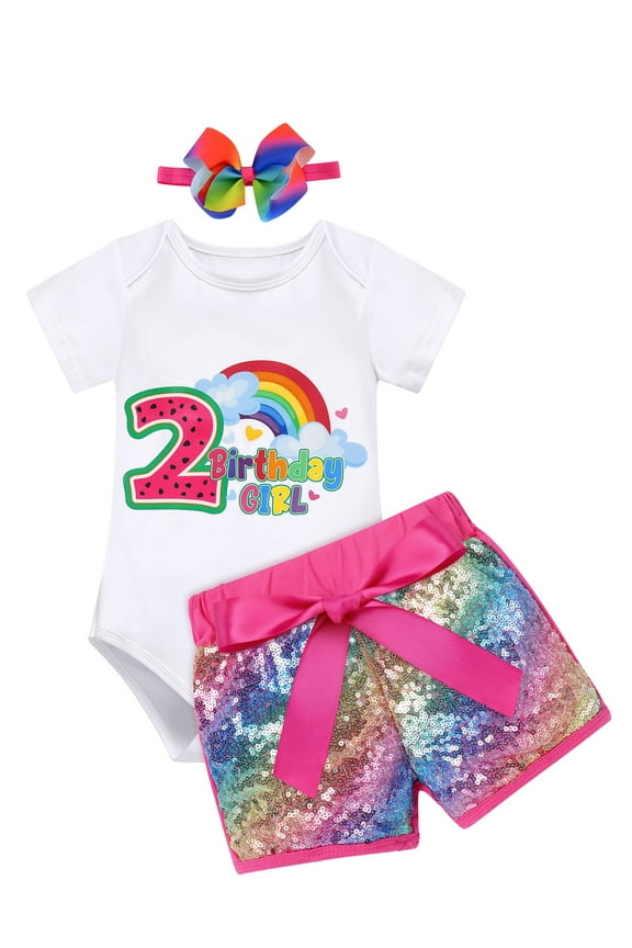 Baby Girl 2nd Second Birthday Outfit Toddler Kids Rainbow Watermelon Theme Two Years Old Party Cotton Short Sleeve Romper Shiny Sequin Shorts Bowknot Headband Set 2 Years Hot Pink