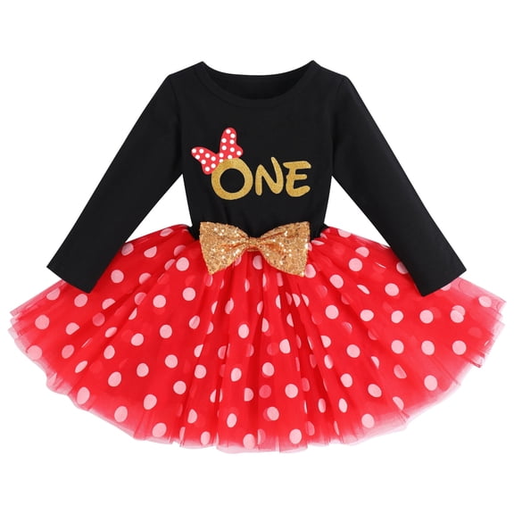 FYMNSI Baby Girl Birthday Party Dress Cake Smash Outfit Princess Polka Dots Tulle Bowknot Dress Party Long Sleeve Clothes Photo Props 1 Years Black Red One