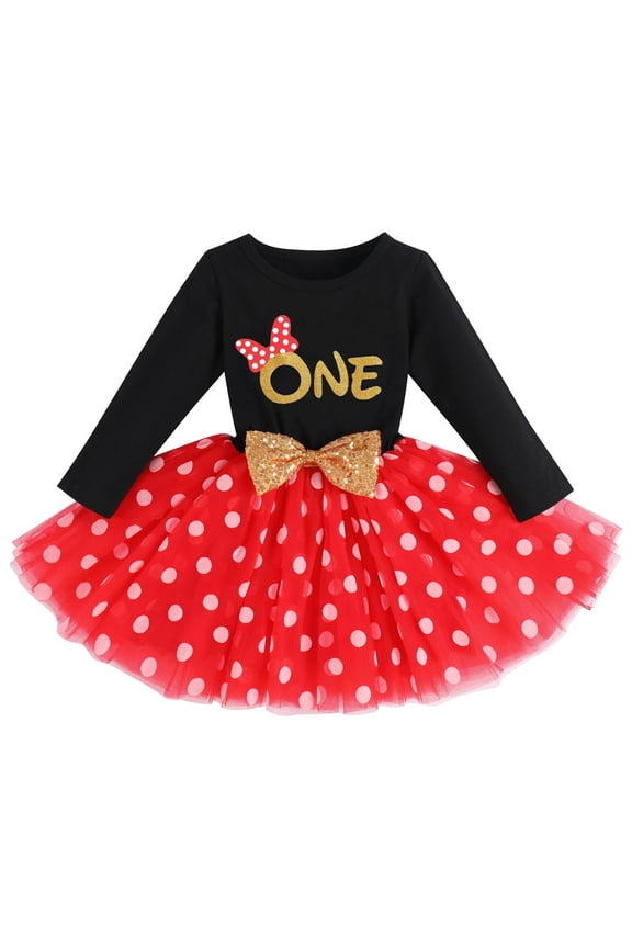 Baby Girl Birthday Party Dress Cake Smash Outfit Princess Polka Dots Tulle Bowknot Dress Party Long Sleeve Clothes Photo Props 1 Years Black Red One