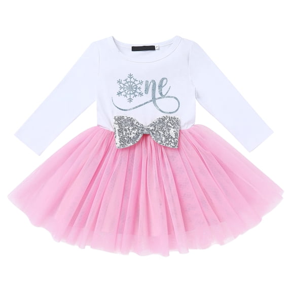 FYMNSI Baby Girl Birthday Party Dress Cake Smash Outfit Princess Polka Dots Tulle Bowknot Dress Party Long Sleeve Clothes Photo Props 1 Years Silver Snow One