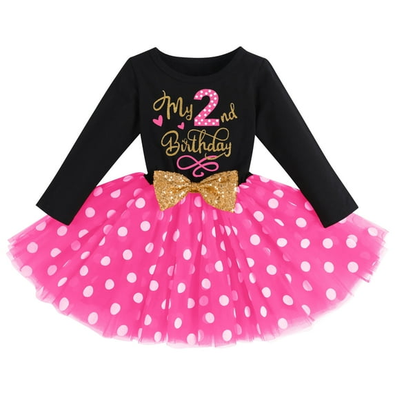 FYMNSI Baby Girl Birthday Party Dress Cake Smash Outfit Princess Polka Dots Tulle Bowknot Dress Party Long Sleeve Clothes Photo Props 2 Years Black Pink 2nd