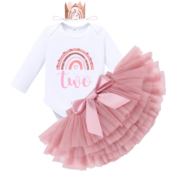 FYMNSI Baby Girl Boho Rainbow 2nd Second Birthday Outfit Two Years Old Party Long Sleeve Romper Tutu Skirt with Diaper Cover Crown Headband Set Cake Smash Photo Shooting