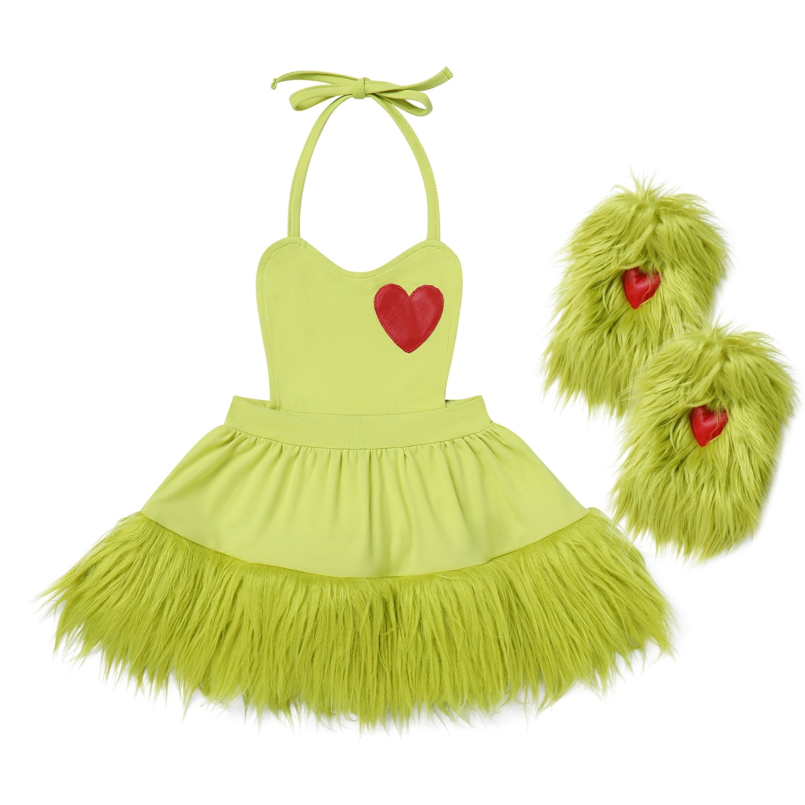FYMNSI Baby Girl Christmas Outfit Toddler Green Faux Fur Romper Tutu Dress with Leg Warmers Xmas Dress Up Clothes