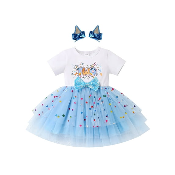 FYMNSI Baby Girl Clothes 2nd Birthday Outfit Short Sleeve Princess Dress Sequin Blue Tutu for Toddler Girls 2T