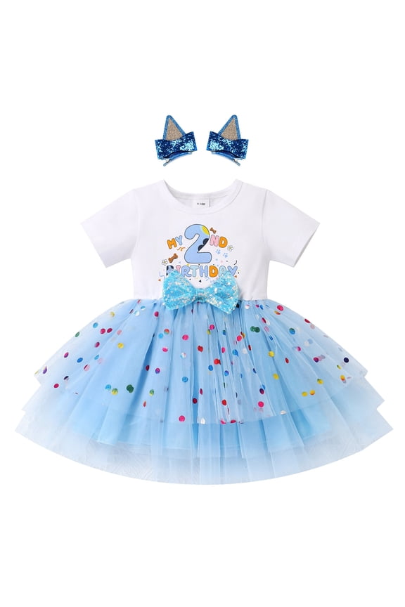 Baby Girl Clothes 2nd Birthday Outfit Short Sleeve Princess Dress Sequin Blue Tutu for Toddler Girls 2T