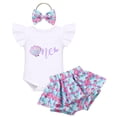 thumbnail image 1 of FYMNSI Baby Girl Clothes 3Pcs Ruffle Romper Shorts Headband Set Infant Summer Birthday Outfits 12-18 Months, 1 of 8