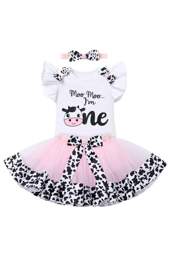 Baby Girl Cow 1st First Birthday Cake Smash Outfit One Year Old I'm One Farm Animal Theme Party Short Sleeve Romper Tutu Skirt Headband 3pcs Set