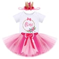 thumbnail image 1 of FYMNSI Baby Girl First Birthday Outfit Flower Theme Cotton Short Sleeve Romper Tutu Tulle Skirt Crown Headband 3pcs Set 1Y Hot Pink One, 1 of 9
