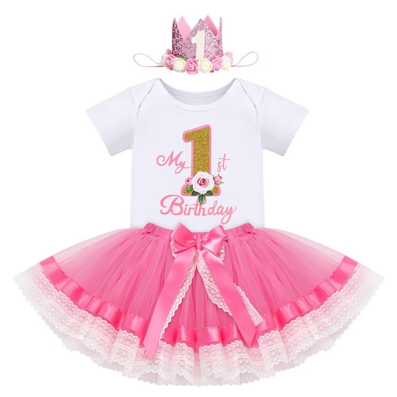 FYMNSI Baby Girl First Birthday Outfit Flower Theme Cotton Short Sleeve Romper Tutu Tulle Skirt Crown Headband 3pcs Set 1Y Hot Pink