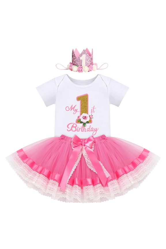 Baby Girl First Birthday Outfit Flower Theme Cotton Short Sleeve Romper Tutu Tulle Skirt Crown Headband 3pcs Set 1Y Hot Pink