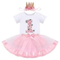 thumbnail image 1 of FYMNSI Baby Girl First Birthday Outfit Flower Theme Cotton Short Sleeve Romper Tutu Tulle Skirt Crown Headband 3pcs Set 1Y Pink Flower, 1 of 9