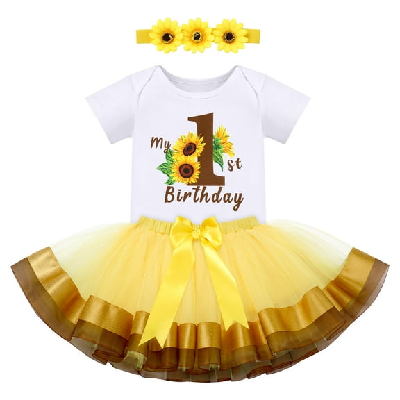 FYMNSI Baby Girl First Birthday Outfit Flower Theme Cotton Short Sleeve Romper Tutu Tulle Skirt Crown Headband 3pcs Set 1Y Yellow