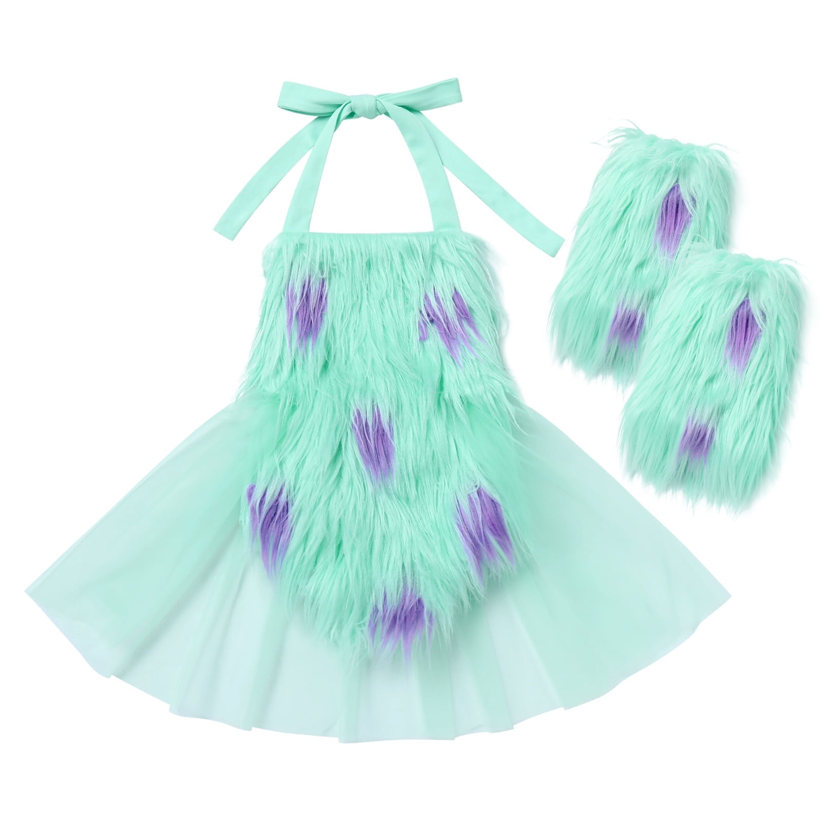 FYMNSI Baby Girl Christmas Outfit Toddler Green Faux Fur Romper Tutu Dress with Leg Warmers Xmas Dress Up Clothes