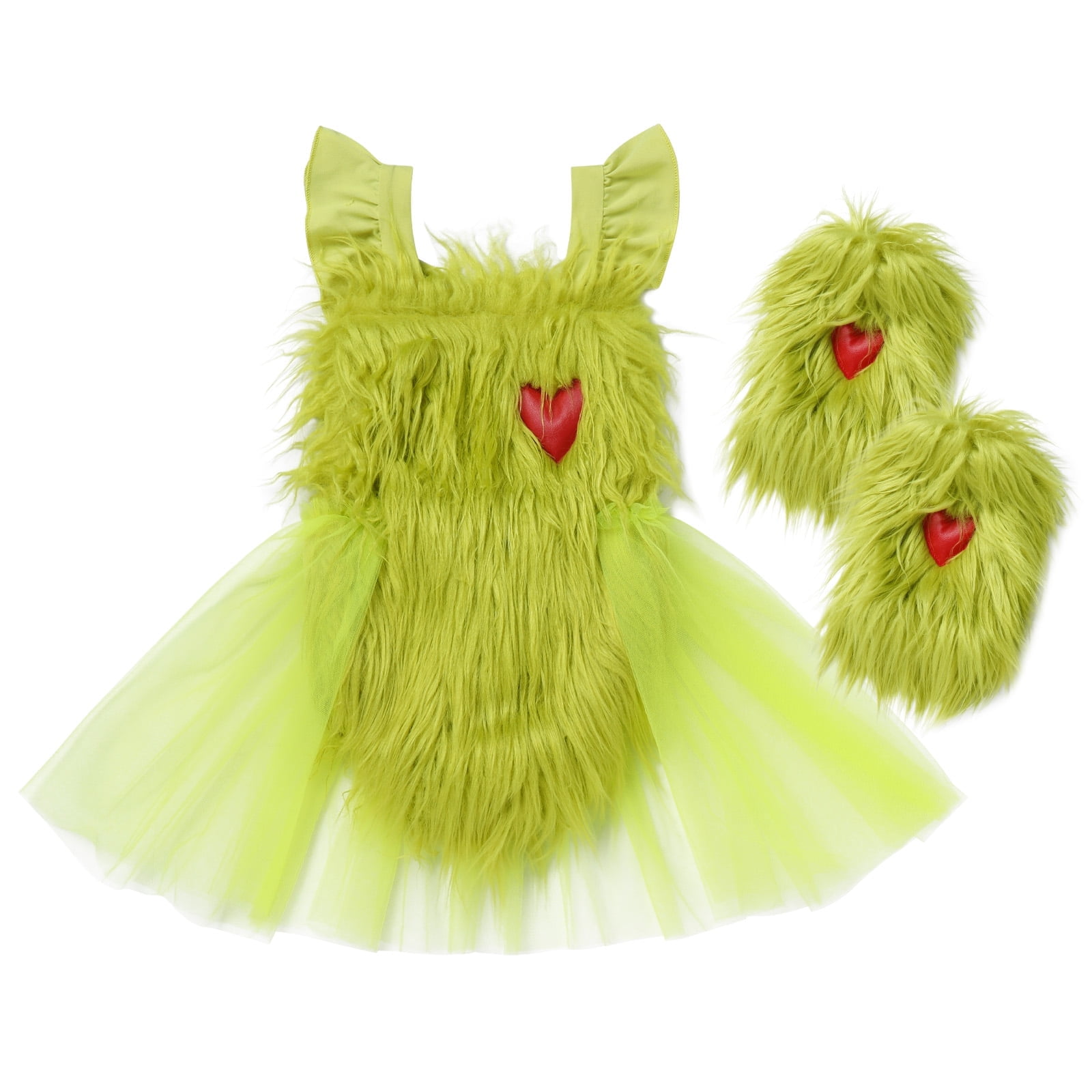 FYMNSI Baby Girl Christmas Outfit Toddler Green Faux Fur Romper Tutu Dress with Leg Warmers Xmas Dress Up Clothes