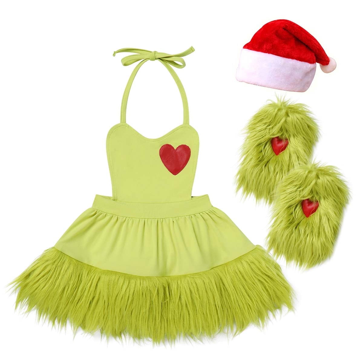 FYMNSI Baby Girl Christmas Outfit Toddler Green Faux Fur Romper Tutu Dress with Leg Warmers Xmas Dress Up Clothes
