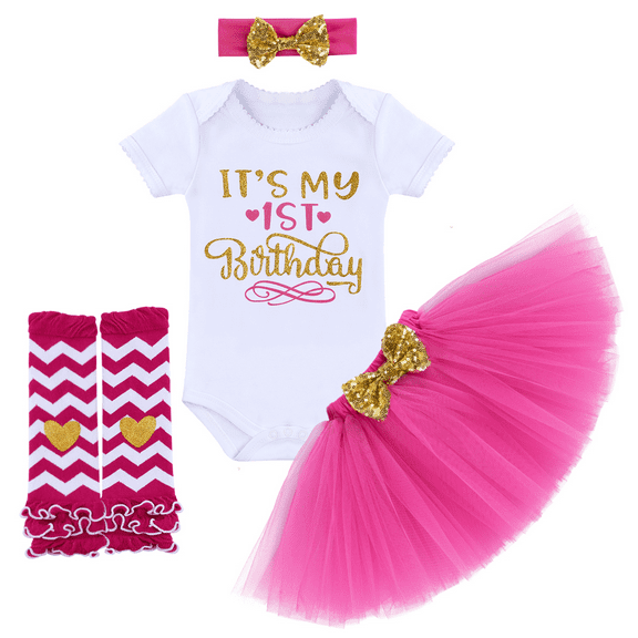 FYMNSI Baby Girl It's My 1st Birthday Cake Smash Outfit Romper Princess Tutu Skirt Leg Warmers Bowknot Headband 4pcs Set One Year Old Party Clothes Hot Pink