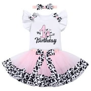 FYMNSI Baby Girl Milk Cow Theme 1st First Birthday Cake Smash Outfit One Year Old Farm Animal Party Clothes Short Sleeve Romper Tutu Skirt Headband 3pcs Set