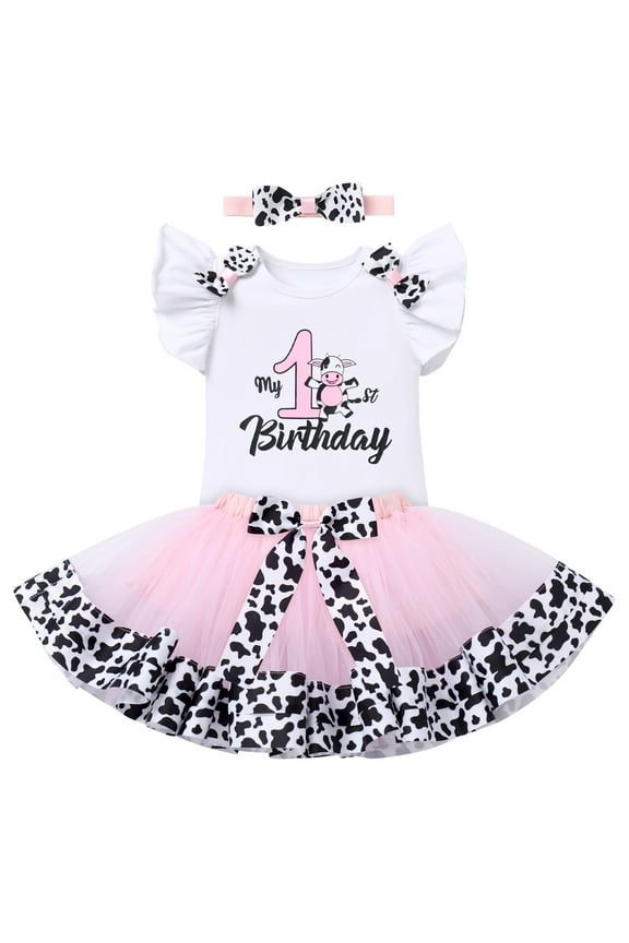 Baby Girl Milk Cow Theme 1st First Birthday Cake Smash Outfit One Year Old Farm Animal Party Clothes Short Sleeve Romper Tutu Skirt Headband 3pcs Set