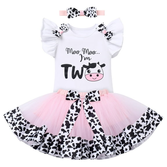 FYMNSI Baby Girl Milk Cow Theme 2nd Second Birthday Cake Smash Outfit Two Years Old Party Short Sleeve Romper Tutu Skirt Bowknot Headband 3pcs Set