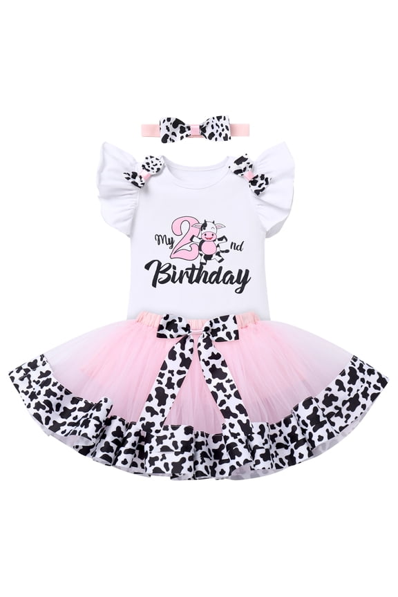 Baby Girl Milk Cow Theme My 2nd Second Birthday Cake Smash Outfit Two Years Old Party Short Sleeve Romper Tutu Skirt Bowknot Headband 3pcs Set