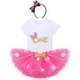 thumbnail image 1 of FYMNSI Baby Girl My 1st First Birthday Cake Smash Outfit Short Sleeve Romper Polka Dot Tutu Skirt Ear Headband 3pcs One Year Old Party Clothes Set 1 Year Hot Pink, 1 of 6