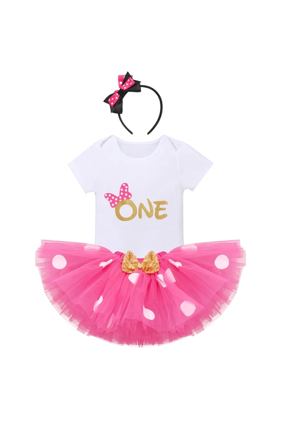 Baby Girl My 1st First Birthday Cake Smash Outfit Short Sleeve Romper Polka Dot Tutu Skirt Ear Headband 3pcs One Year Old Party Clothes Set 1 Year Hot Pink