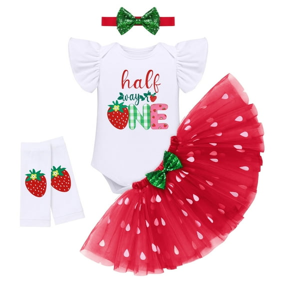 FYMNSI Baby Girl Strawberry 1/2 Birthday Cake Smash Outfit Half Way to One Party Flutter Sleeve Romper Princess Tutu Skirt Headband Leg Warmers 4pcs Set Summer Clothes 6 Months