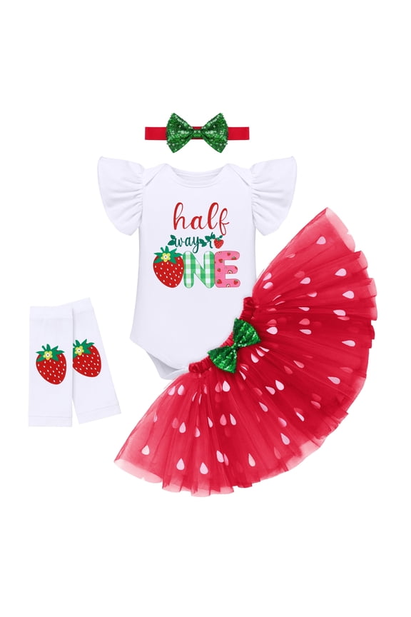 Baby Girl Strawberry 1/2 Birthday Cake Smash Outfit Half Way to One Party Flutter Sleeve Romper Princess Tutu Skirt Headband Leg Warmers 4pcs Set Summer Clothes 6 Months