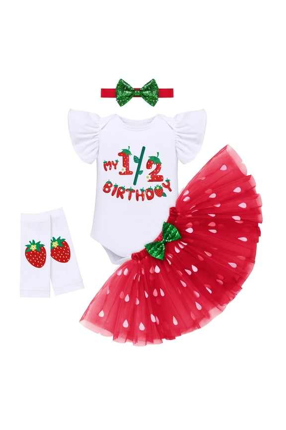 Baby Girl Strawberry 1/2 Birthday Cake Smash Outfit Half Way To One Party Flutter Sleeve Romper Princess Tutu Skirt Headband Leg Warmers 4pcs Set Summer Clothes 6 Months
