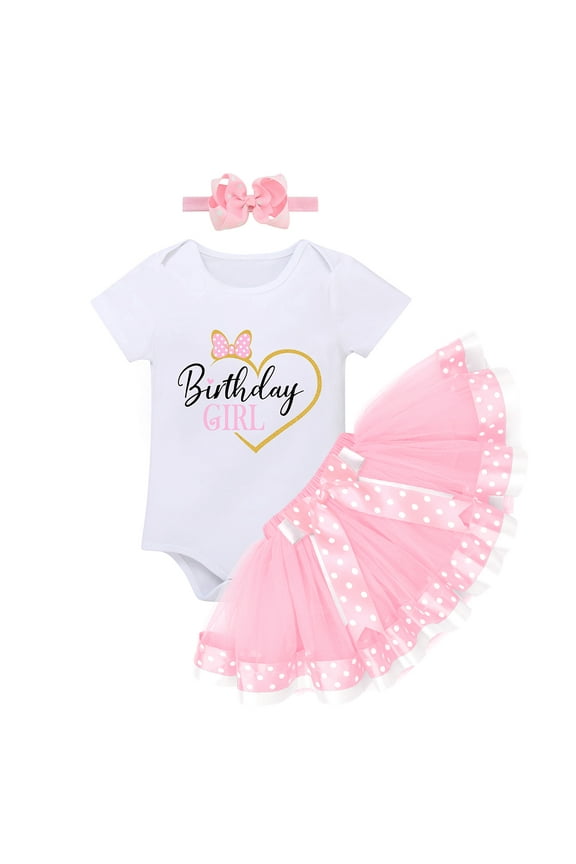 Baby Girl Toddler Kids 1/2 1st 2nd Birthday Cake Smash Outfit Short Sleeve Romper Tutu Skirt Bowknot Headband 3pcs Set 1 Year Pink - Love Heart