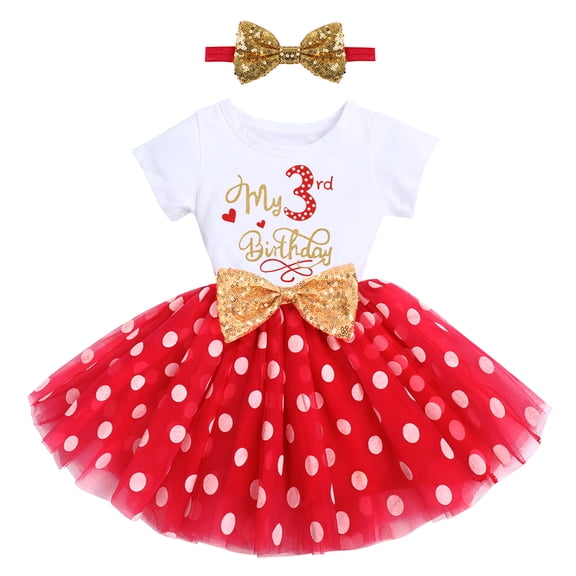 FYMNSI Baby Girls Birthday Outfit My 3rd Birthday Cake Smash Dress Polka Dots Tutu Dresses Toddler Kids Short Sleeve Summer Clothes with Bowknot Headband