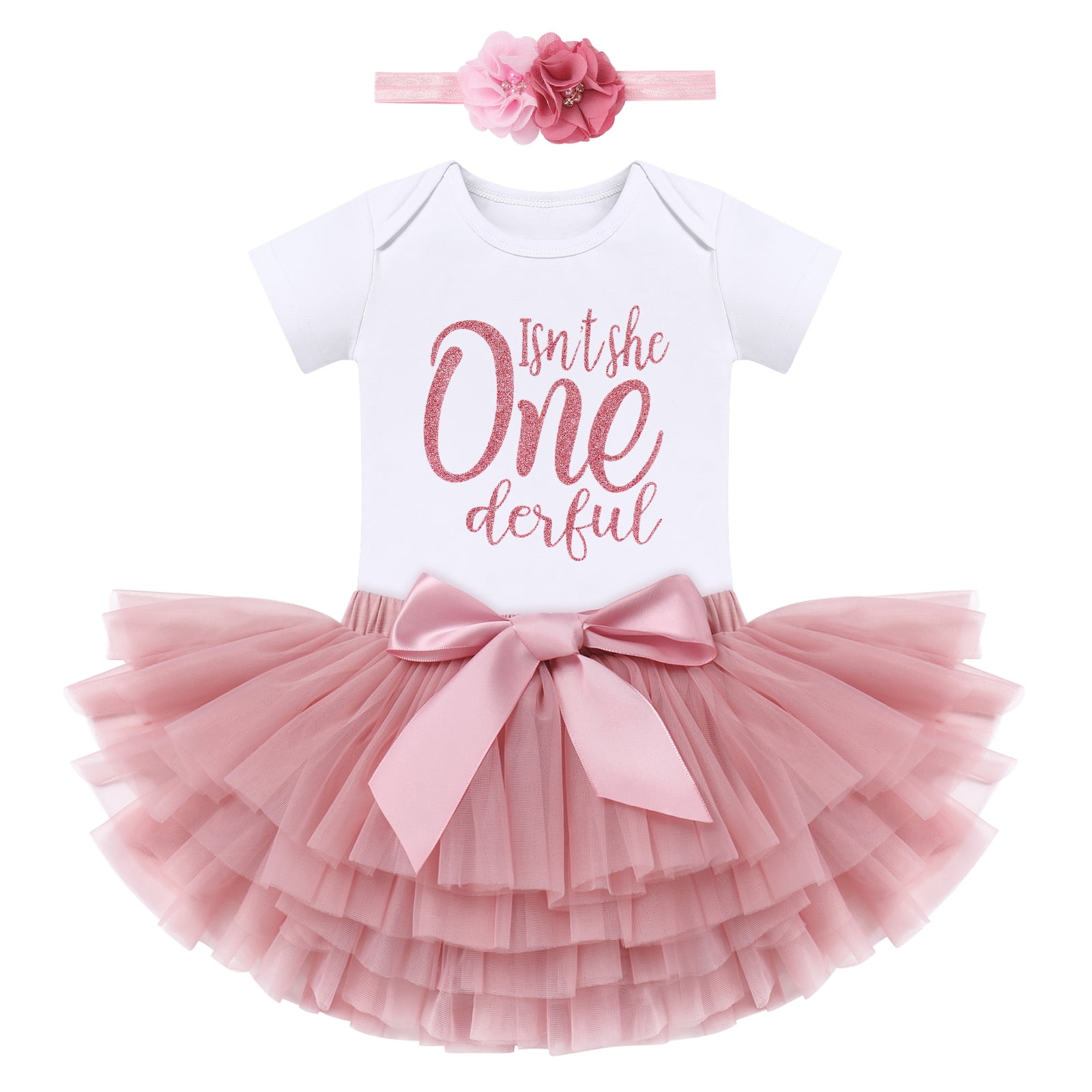 FYMNSI Baby Girls Birthday Outfit Cake Smash Outfit Romper Ruffle Tulle Tutu Skirt with Headband Clothes Set 1T 1# Dusty Pink Flower