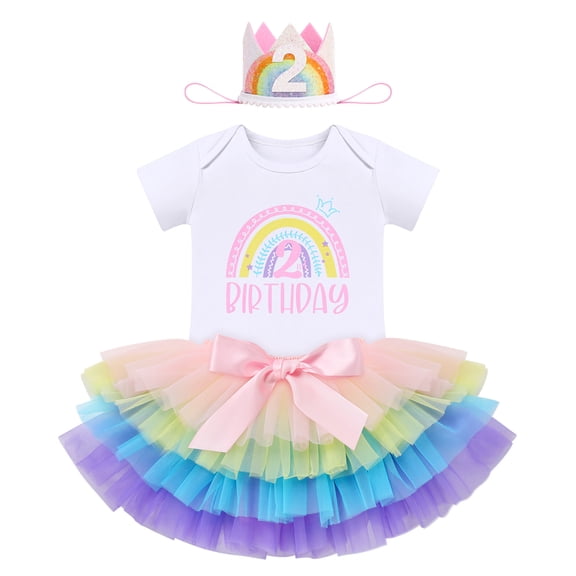 FYMNSI Baby Girls Birthday Outfit Cake Smash Outfit Romper Ruffle Tulle Tutu Skirt with Headband Clothes Set 2T 2nd Rainbow Queens