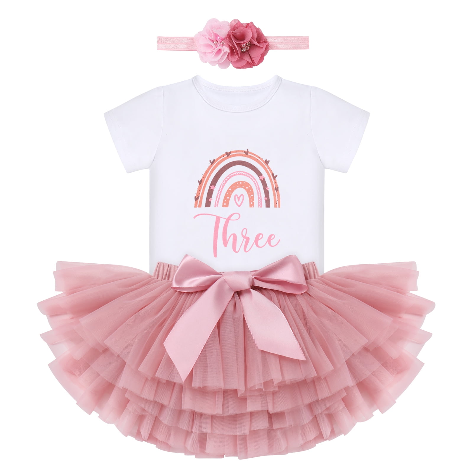 FYMNSI Baby Girls Birthday Outfit Cake Smash Outfit Romper Ruffle Tulle Tutu Skirt with Headband Clothes Set 3T 3# Dusty Pink Fl