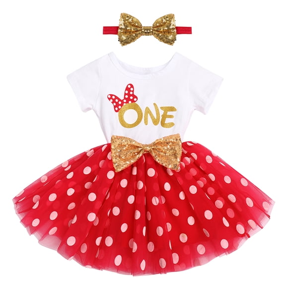 FYMNSI Baby Girls First Birthday Outfit My 1st Birthday Cake Smash Dress Polka Dots Tutu Dresses Toddler Short Sleeve Summer Clothes with Bowknot Headband