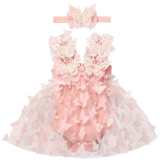 FYMNSI Baby Girls Layered Tulle Romper Dress Toddler Pink Tutu Princess Dresses with Butterfly Headband Birthday Outfits 12-18 Months
