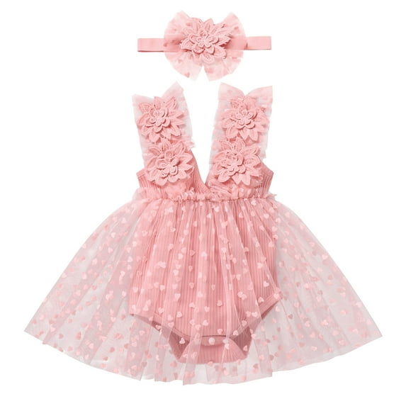 FYMNSI Baby Girls Layered Tulle Romper Dress Toddler Pink Tutu Princess Dresses with Floral Headband Birthday Outfits 18-24 Months
