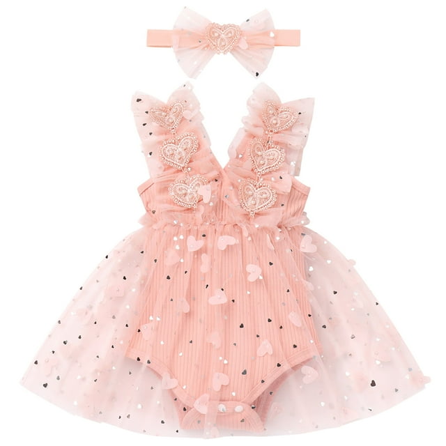 FYMNSI Baby Girls Layered Tulle Romper Dress Toddler Pink Tutu Princess Dresses with Heart Headband Birthday Outfits 0-6 Months