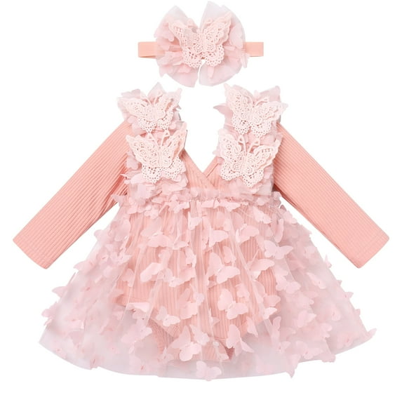 FYMNSI Baby Girls Long Sleeve Lace Princess Tutu Dresses Infant 3D Butterfly Tulle Romper Dress Toddler Pink Clothes 12-18 Months