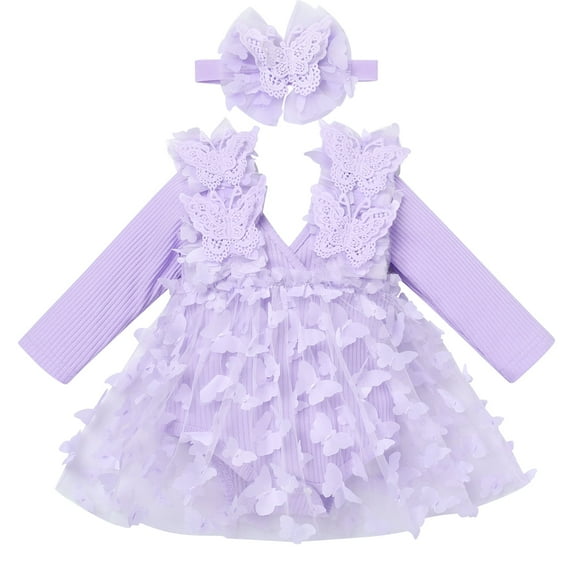 FYMNSI Baby Girls Long Sleeve Lace Princess Tutu Dresses Infant 3D Butterfly Tulle Romper Dress Toddler Purple Clothes 6-12 Months