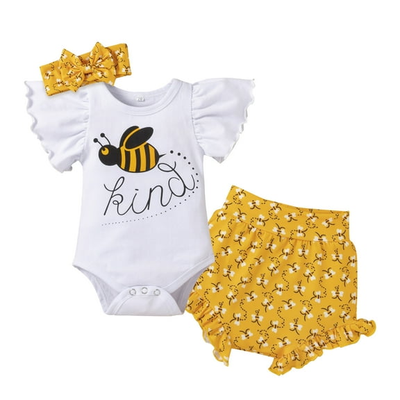 FYMNSI Baby Girls Ruffle Short Sleeve Clothes Newborn Letter Print Romper Floral Shorts Headband Infant 3pcs Summer Outfit Set 3-6 Months Bee